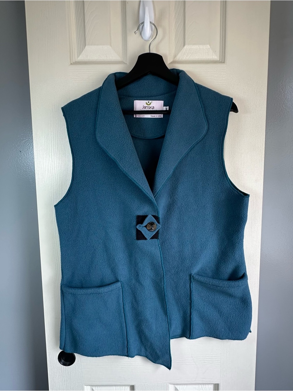 Janska Teal Sleeveless Fleece Vest with Decorative Button